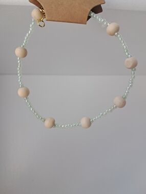 Handmade Pale Green Beaded Ankle Bracelet with Natural Wood Accent